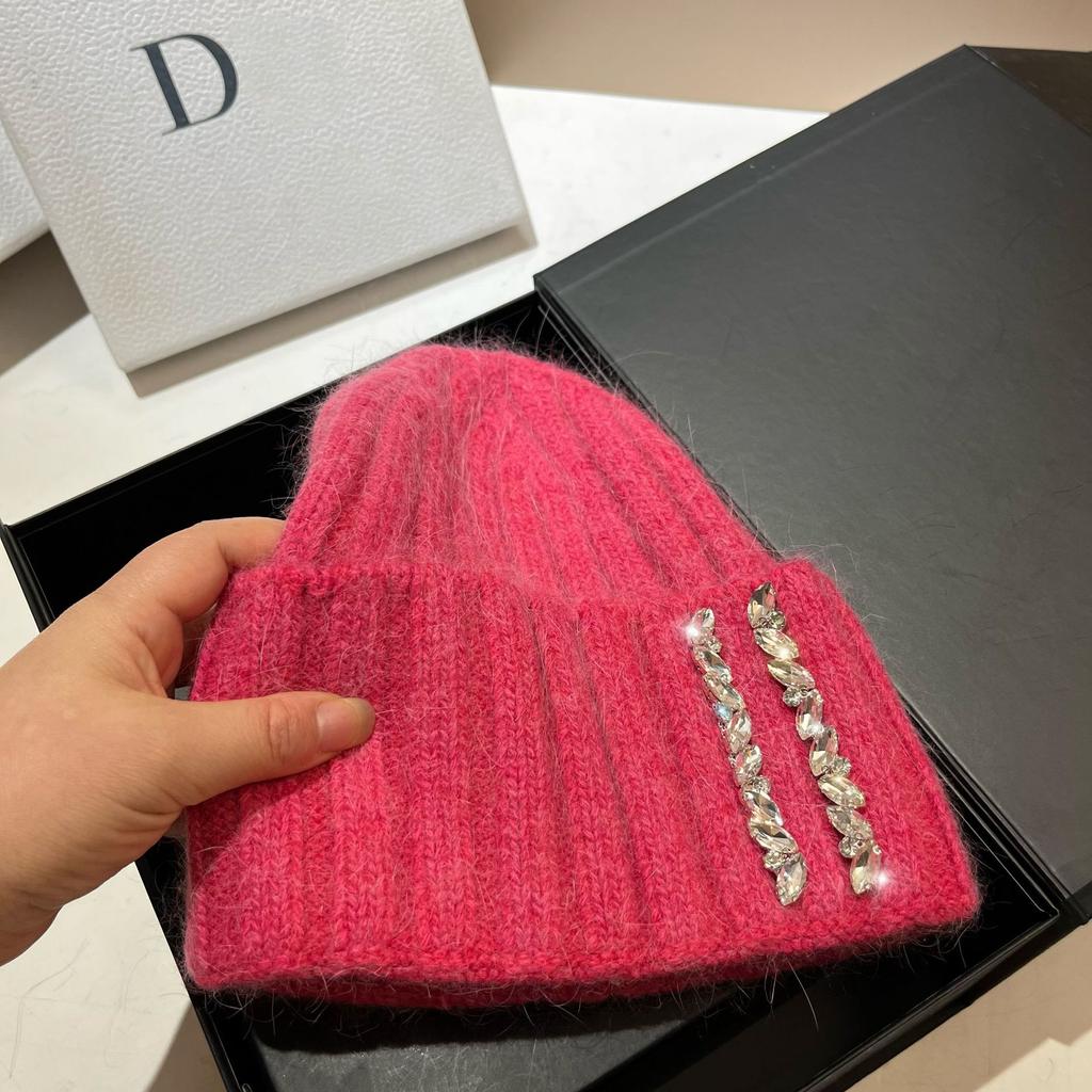 Paris Heavy Industry Light Luxury Rhinestone Knitted Hat Women'S Winter Outdoor Warm Rabbit Hair Wool Hat Wide Stripe Shows Small Face