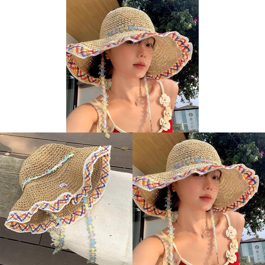 Ethnic Style Wide Brim Straw Hat Summer Sun Protection For Beach Vacation Women