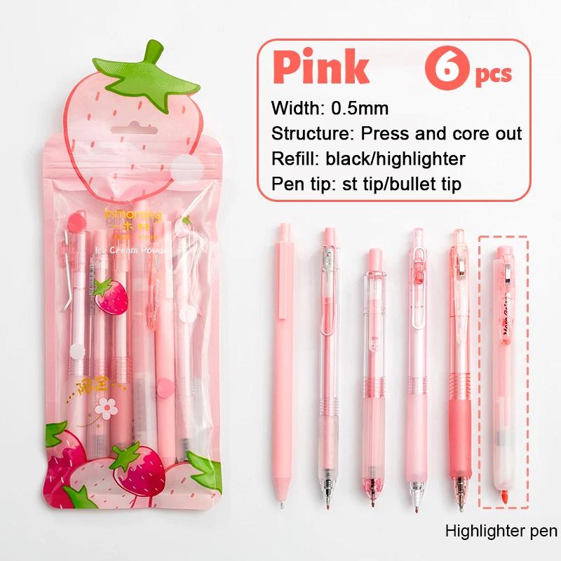 6pcs Gel Pen and Marker Pen Set Retractable Black Ink 0.5mm Ballpoint Pen School Student Office Stationery Supplies