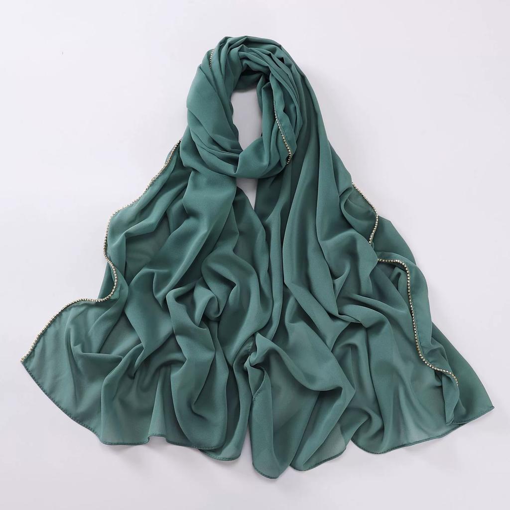 New Pearl Chiffon Hijab Scarf Copper Chain With Black Crystal Pearls Women Muslim Fashion Hijabs For Women Ramadan Turban Femme