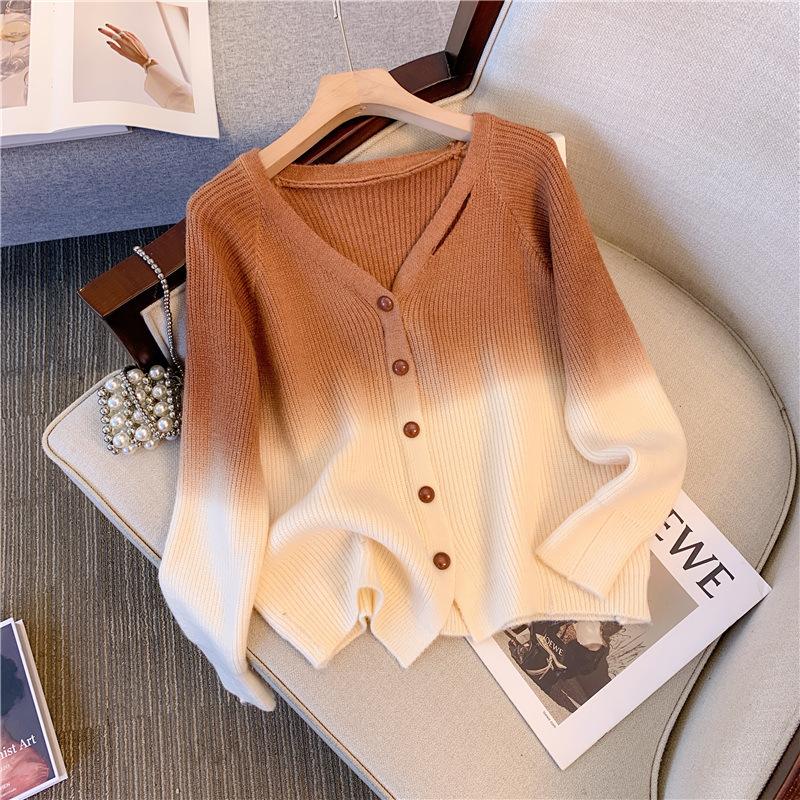 Gentle Wind Gradual Change Color V-neck Knitted Cardigan Women's Autumn and Winter Senior Sense Outside with Soft Waxy Coat Sweater