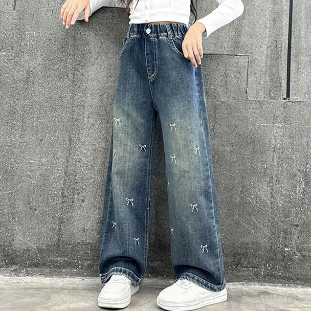 Blugi de fete Primăvară și Toamnă Pantaloni cu picior drept Pantaloni la modă și stilați cu picior lat Pantaloni largi de fete