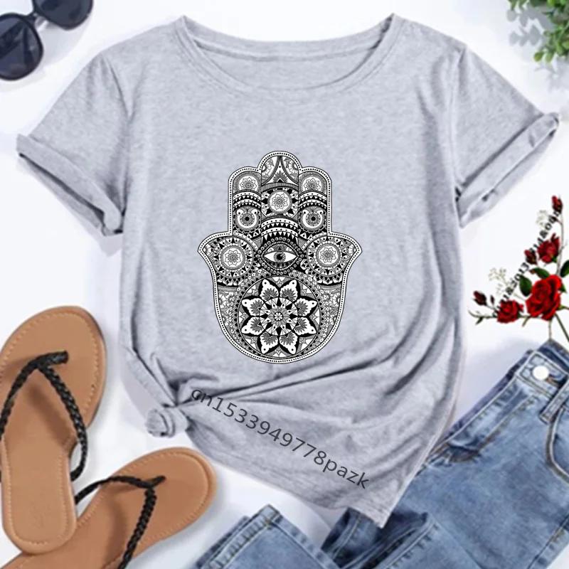 Camisetas con estampado de la mano de Fátima de Hamasa para mujer, camisetas Unisex Harajuku de la mano de Hamsa de la suerte, camisetas negras de manga corta para verano para mujer
