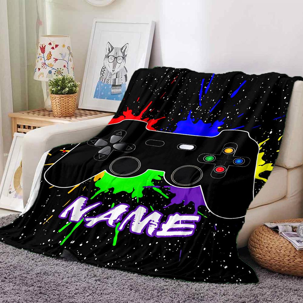 Vibrant Gaming Controller With Splash Art And Custom Name Throw Blanket Name Soft Warm Cozy Throw For Sofa Couch Office Bed Picnics Four Seasons