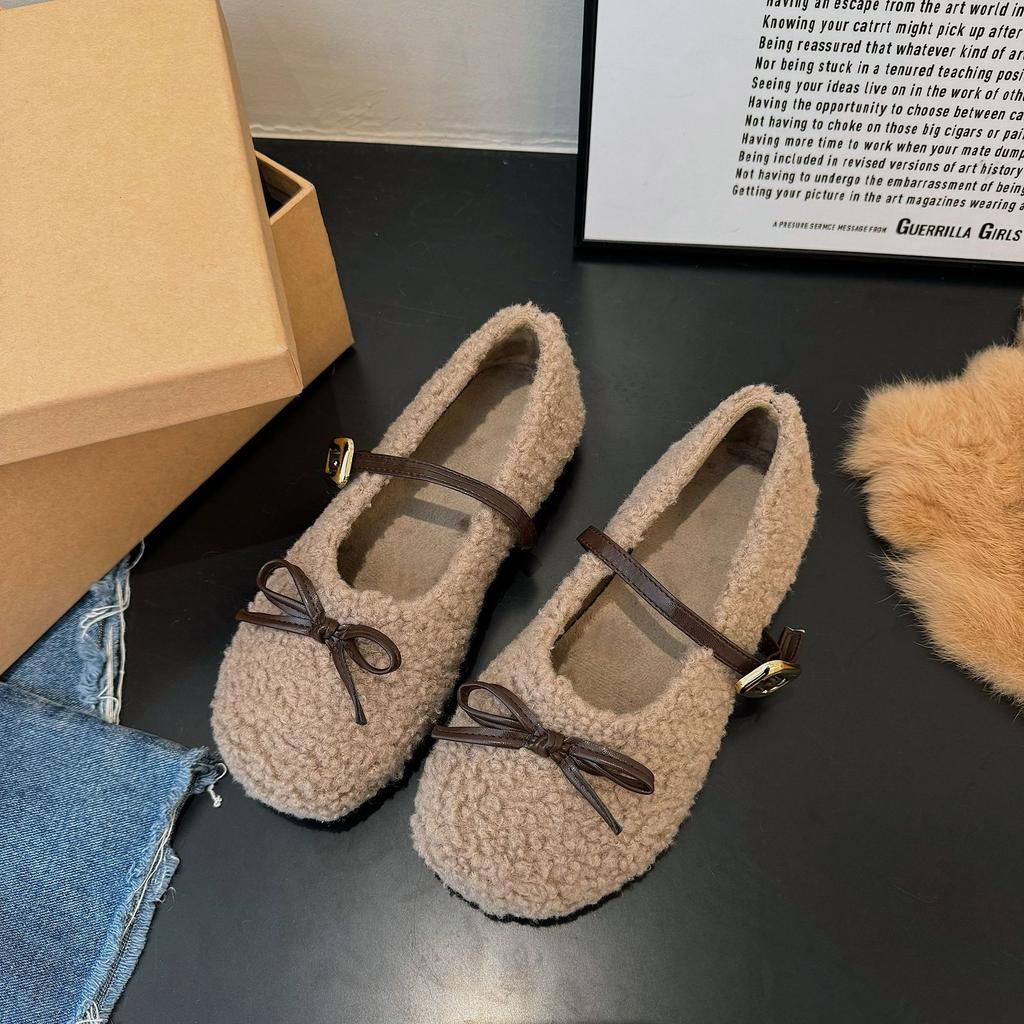 Winter New Flat-bottomed Velvet Warm Cotton Shoes Women's Fluffy Shoes Students Solid Color Cute Ladyshoes Doudou Shoes