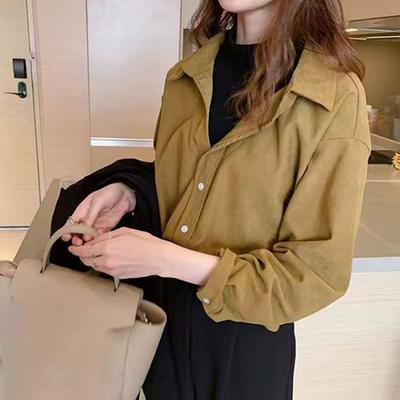 Women Corduroy Shirt Lapel Long Sleeve Single-Breasted Shirt Tops Bottoms Tops Layer Wear Commuter Style Shirt
