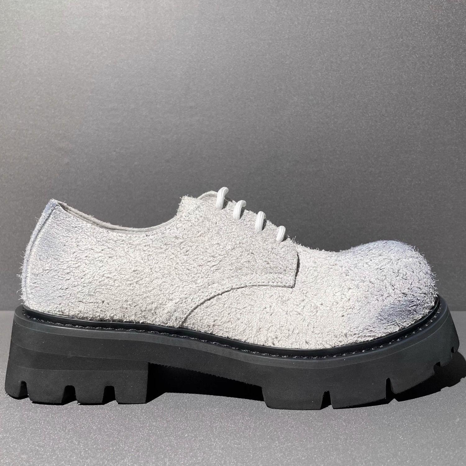 

2025 Commuter Leather Men s White Platform Heightening Big Head Do Old British Style Fur Spring and Autumn Thin Derby Shoes 46