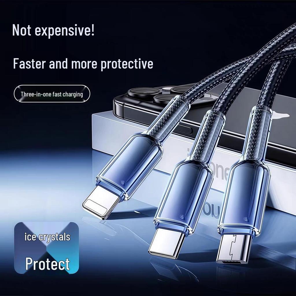 120W Ice Crystal Gradient 3-in-1 Braided Fast Charging Cable for Huawei, Apple, and Android Devices