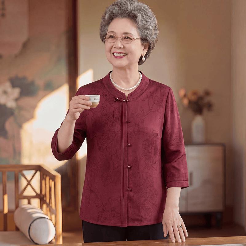 Yuzhaolin New Chinese Style Stand Collar Frog Button Summer Shirt for Elderly Women 3XL