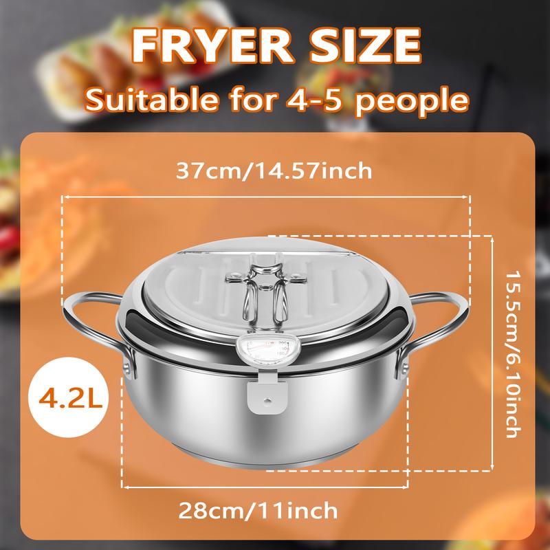 21/24/28 CM Deep Fryer Pot Stainless Steel Oil Pan with Strainer Basket and Thermometer Tempura Oil Fryer for Cooking Kitchen