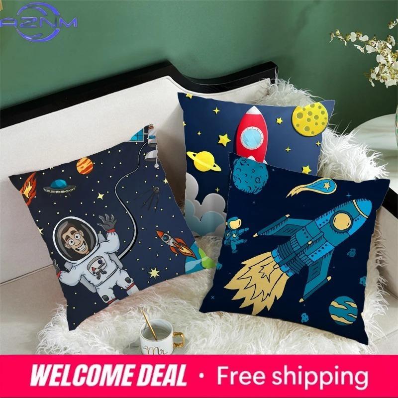 Cartoon Astronaut & Rocket Spaceship Pillow Cover Decor Space Theme Cushion Case For Sofa Bedroom, Galaxy Print Pillow Cover