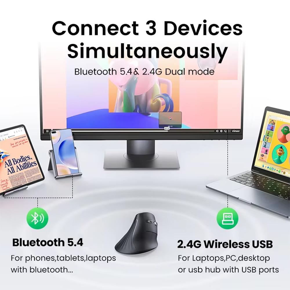 UGREEN ergonomic mouse, wireless Bluetooth vertical mouse, Type-C charging vertical grip mouse, anti mouse hand soft sound mouse