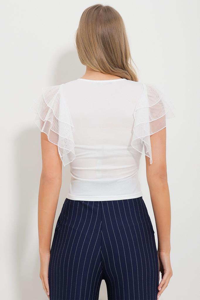 Women's Blouse New Season Fashion Black U-Neck Tulle Sleeve Button Detailed Blouse