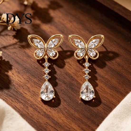 Comfortable Daily Wear Jewelry 1 Pair Butterfly Drop Earrings for Women, Inlay Teardrop Zirconia Earrings, Minimalist Silver Tone Sparkly Rhinestone