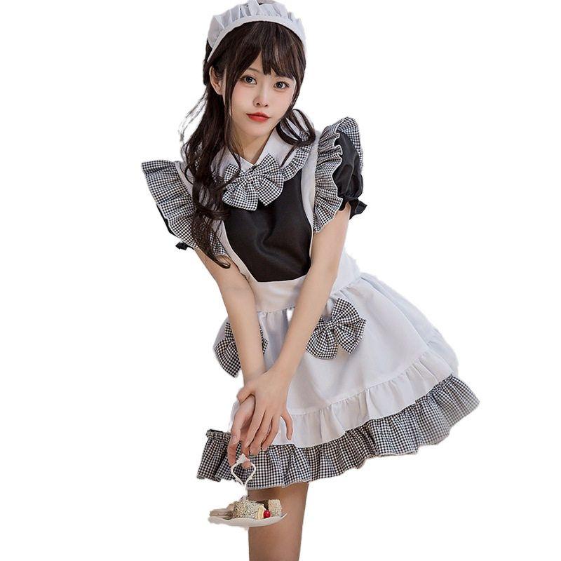 Halloween Costume Lolita Maid Outfit Cook's Daily Black and White Plaid Cosplay Maid Lolita Dress