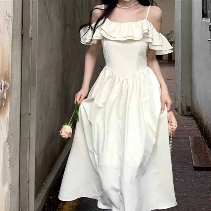 One-word Shoulder Suspender Dress Summer Women's Women's Clothing New French Ruffle Edge Waist Slim Skirt