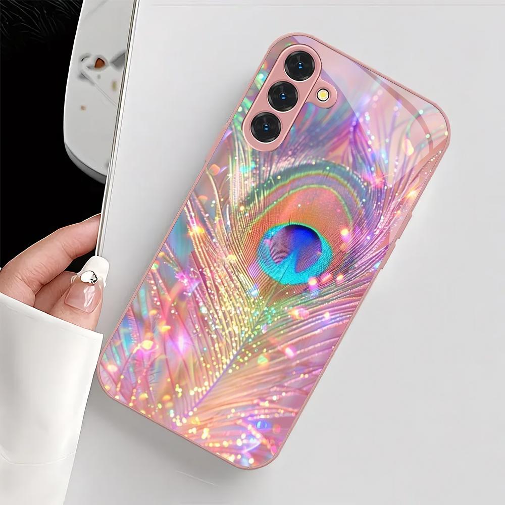 Colorful peacock feather glass phone case suitable for Samsung Galaxy S26 S25 S24 S23 S22 S20 FE/Ultra/Plus anti fall back cover