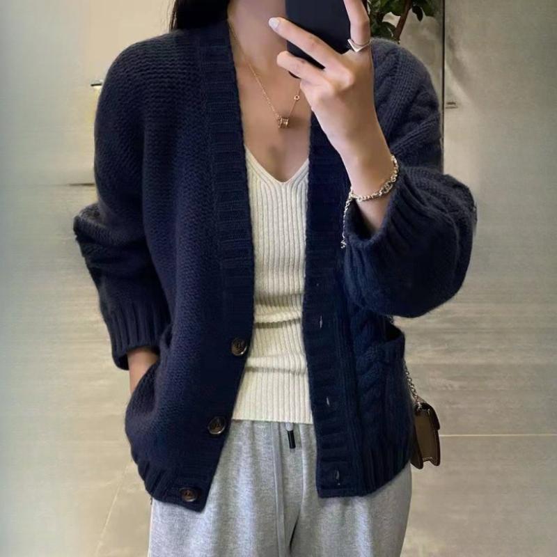 IHUASU Knitted Cardigan Women's Autumn and Winter Thickened Short Loose Bottoming Jumper Jacket