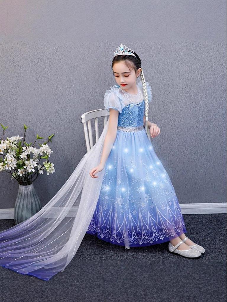 Girls' Frozen Elsa Princess Light-Up Dress with Puff Sleeves and Detachable Floor-Length Veil