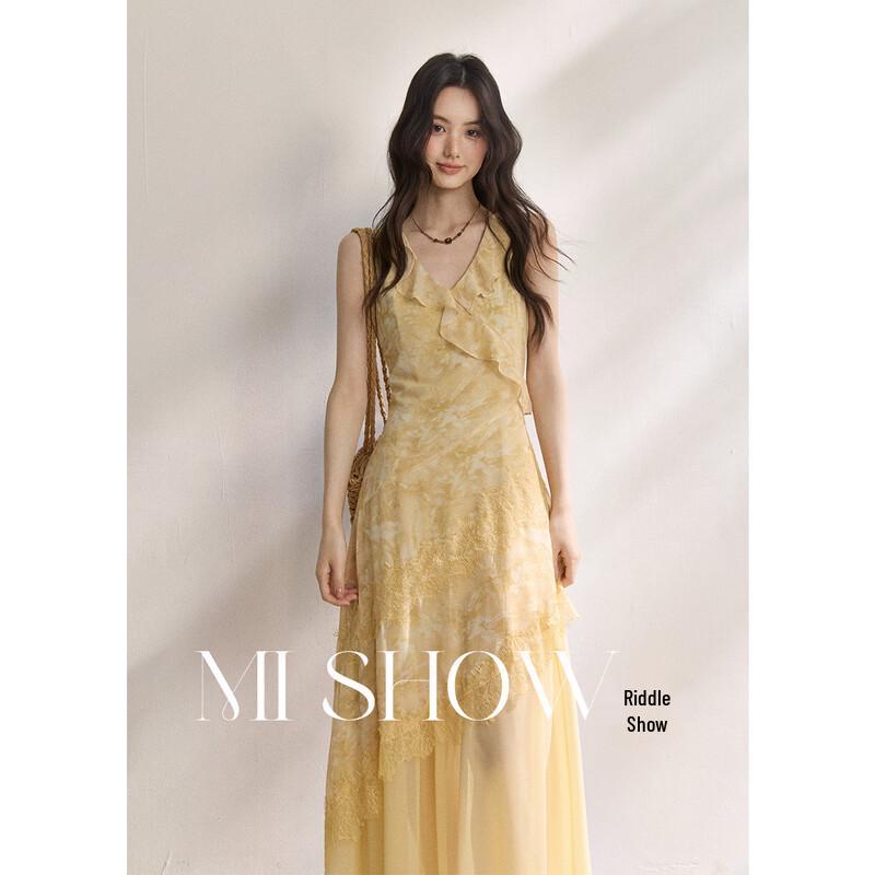 Mishow Tie-Dye Ruffle V-Neck Lace Resort Maxi Dress S