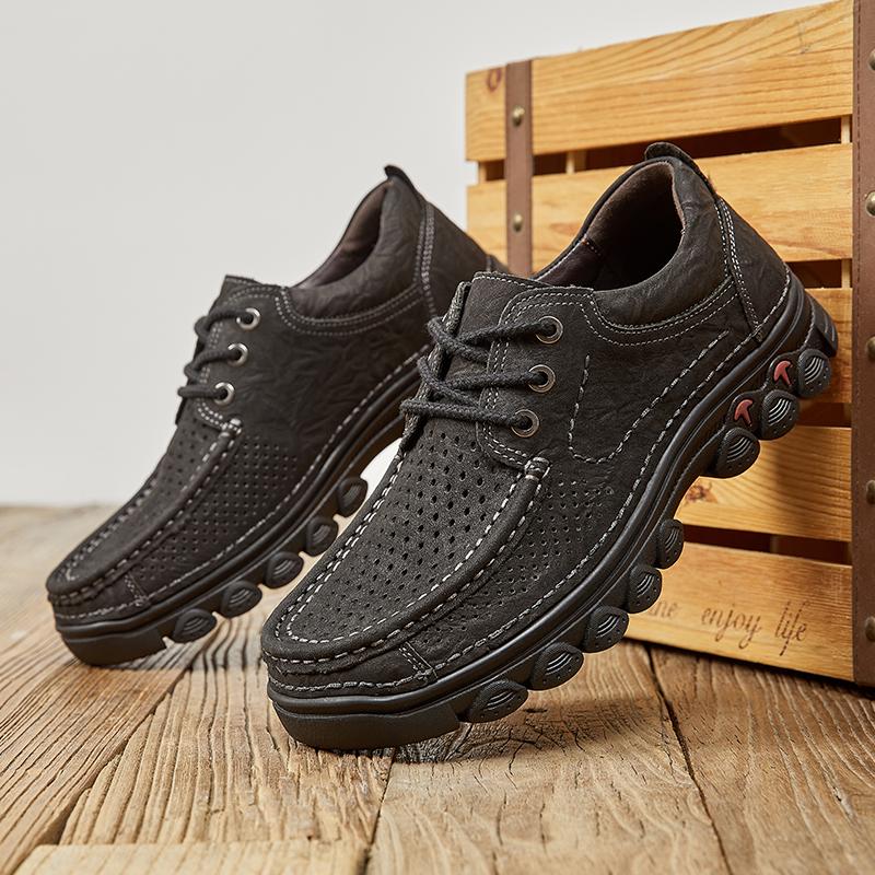 Fashion Summer Outdoor Oxford Shoe Quality Men Classic Thick Soled Male Sneakers Shoes Punching Genuine Leather Comfortable Casual Shoes