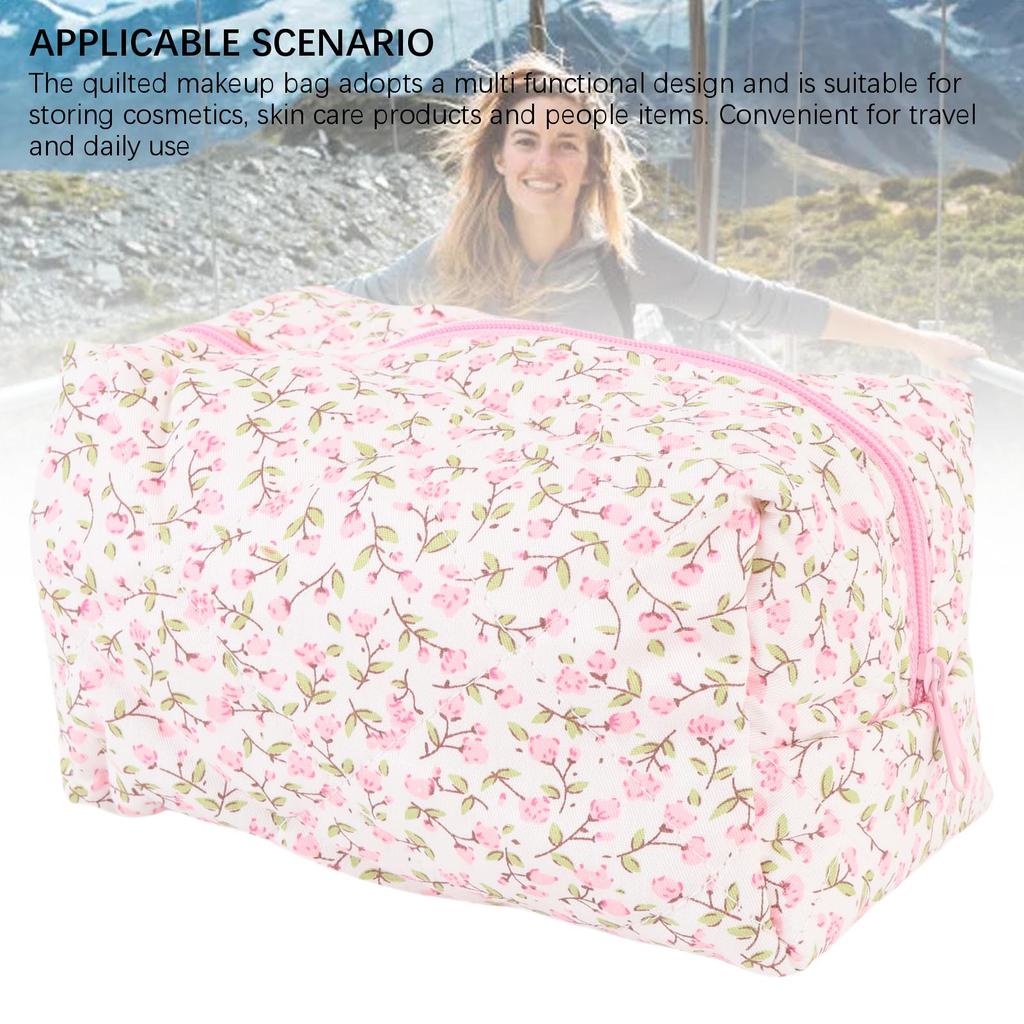 Quilted Makeup Bag Floral Cosmetic Pouch Travel Toiletry Organizer Makeup Brushes Storage for Women Pink