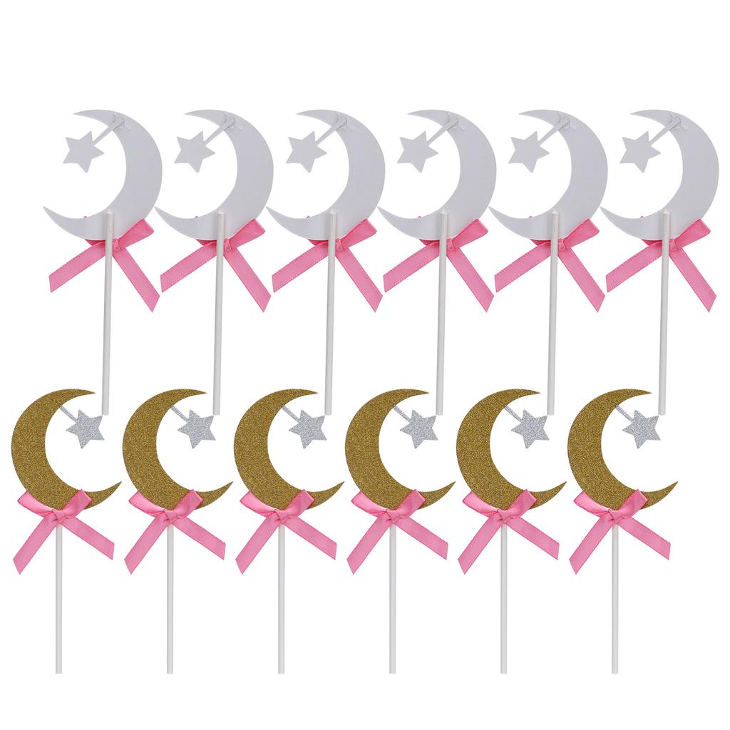 12Pcs Cake Insert Golden Moon Star Cake Topper with Pink Bowknot Wedding Birthday Party Decoration