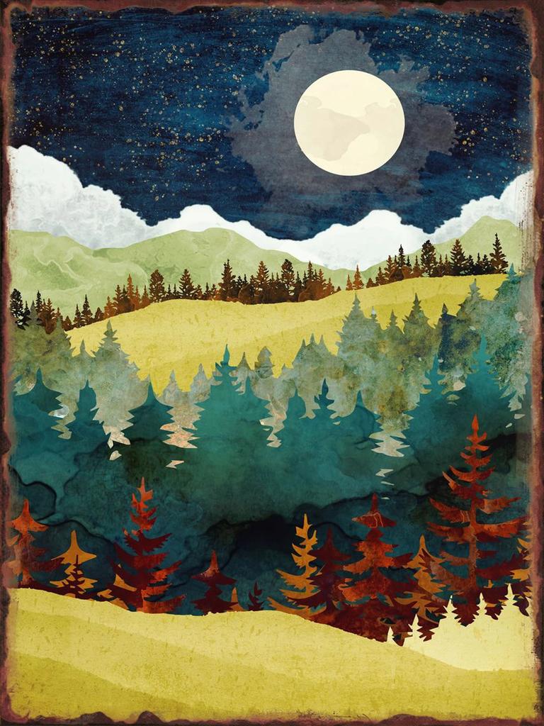Moonlit Mountains Metal Tin Sign Hanging Wall Decor Aesthetic Iron Plate for Home Sofa Background Decorative Plaque Art