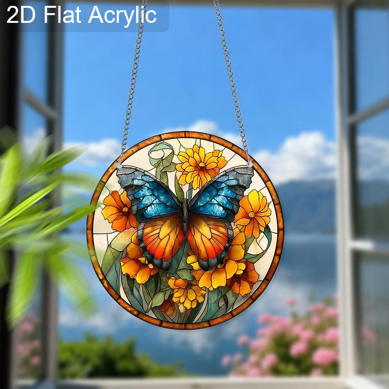 Acrylic Blue-Orange Butterfly with Yellow Flowers Suncatcher, Stained Glass Effect Window Hanging Ornament for Nature & Art Lover Gifts
