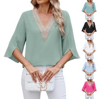 Women's Fashion Color Lace V-Neck Mid Sleeve Chiffon Shirt Casual Top