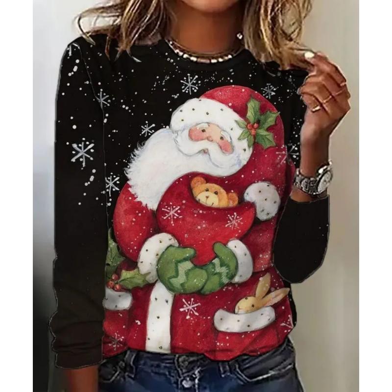 Fashion Women's Crew Neck Long Sleeve 3D Casual Color Printing Casual Long Sleeve Crew Neck T-Shirt