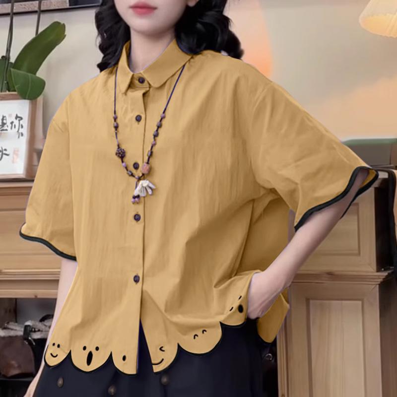 

ZANZEA Женская свободная летняя блузка с отложным воротником и коротким рукавом 5XL хаки