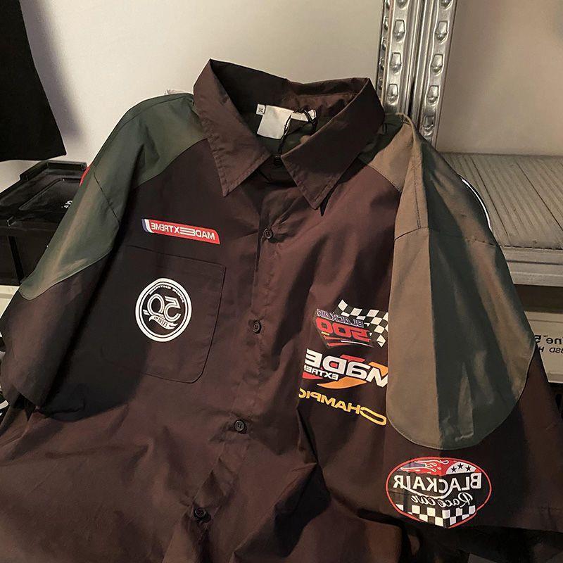 Men's American Retro Hiphop Street Racing Short-Sleeve Summer Shirt - Trendy, Motorcycle-Inspired, Loose, Thin Design