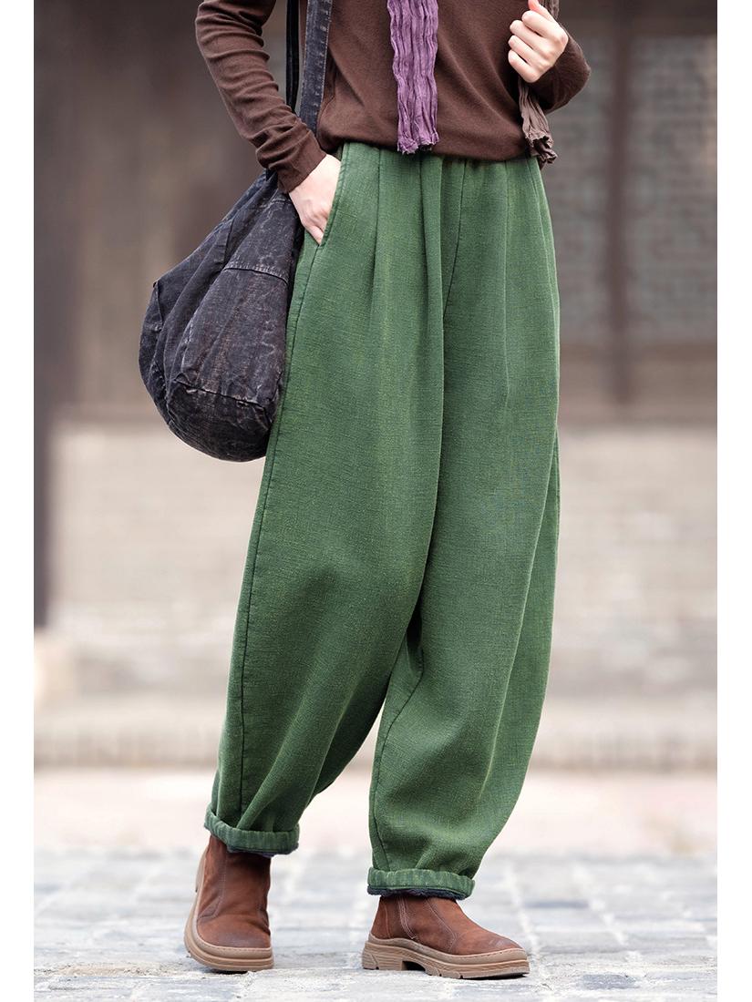 

Hemp Vintage Velvet Thickened Casual Pants - Winter Artistic Loose Linen Lantern Cotton Trousers One Size зелений/мідний