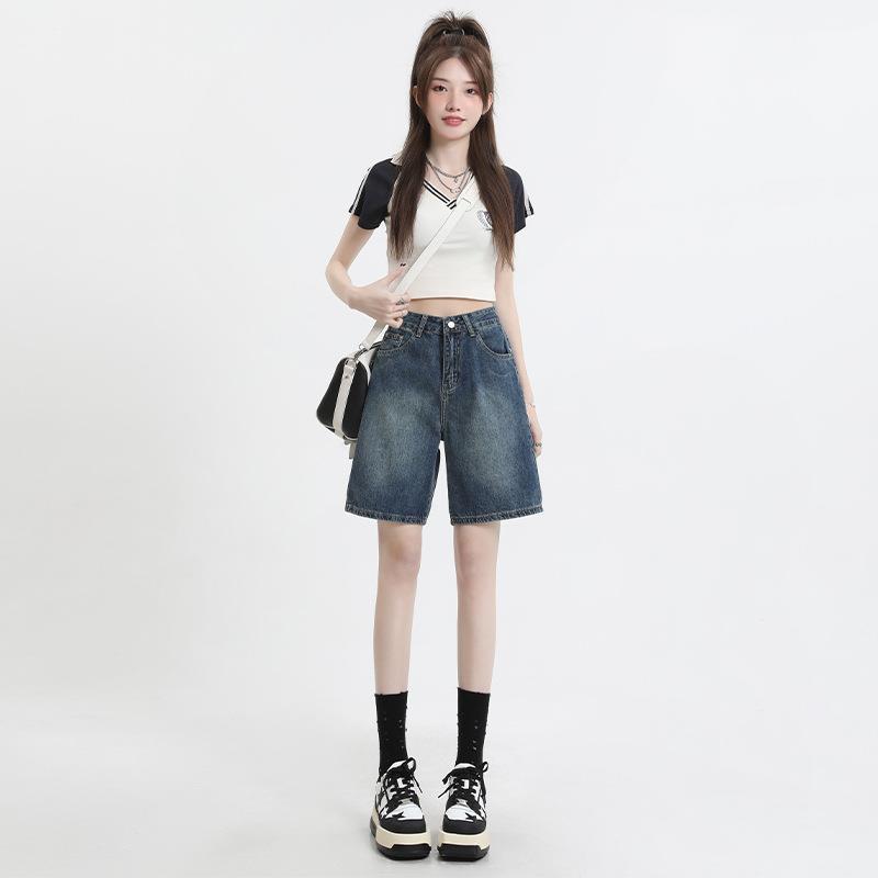 Retro Blue Denim Shorts Women's Summer Thin Five-point Pants Straight Loose High Waist All-match Pants