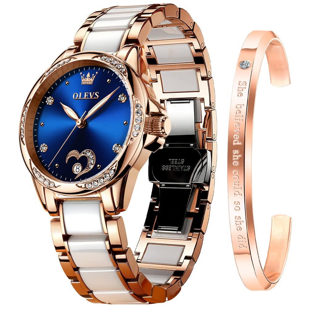 OLEVS Stylish Mechanical Wristwatch with Ceramic and Rose Gold Date Luminous Blue Women's Band, Crystals, Easy-to-Read Dial, Display, Waterproof,
