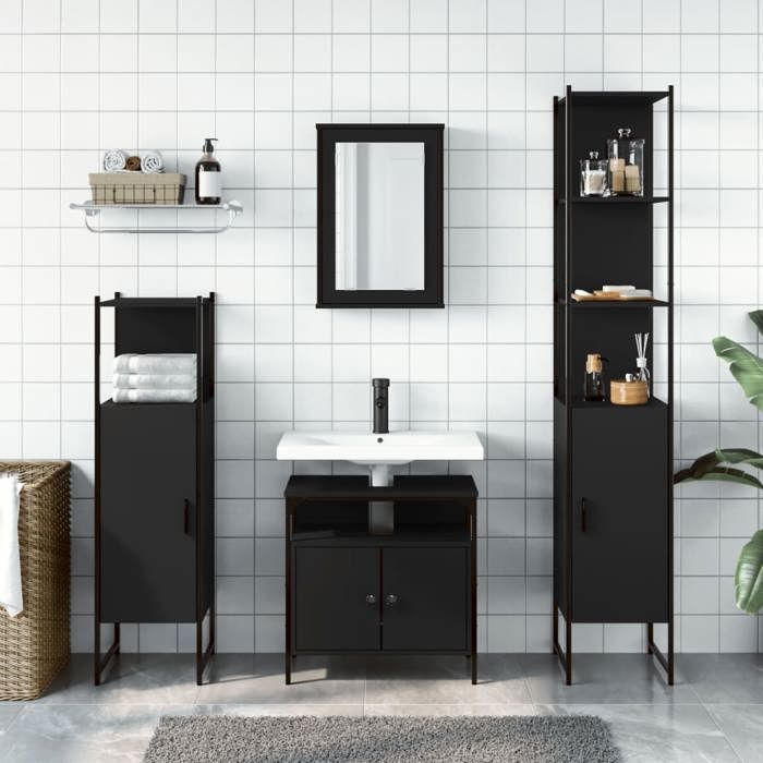VidaXL Ensemble De Meubles De Salle De Bain 4 Pcs, Armoires Avec Miroir, Meuble De Rangement Toilette, Moderne, Noir Bois 3214825
