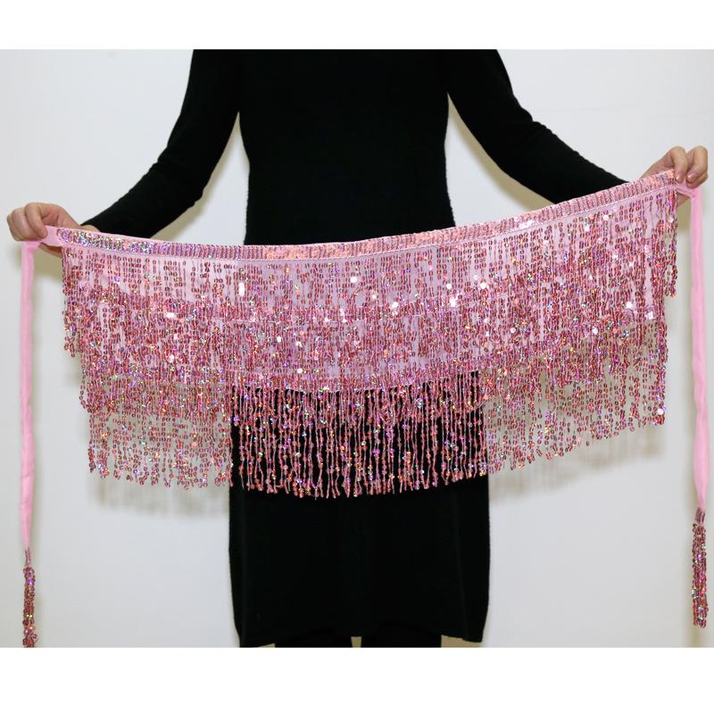 

Sequin Halloween Tassel Fringe Skirt Belly Dance Belt Costume Hip Wrap Scarf Pink