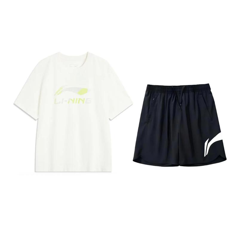 Li Ning Logo Print Round Neck Pullover Short Sleeve T-Shirt Fashion Simple Comfortable Versatile Shorts Casual Sports Set AHSV161-1+YKSV197-2
