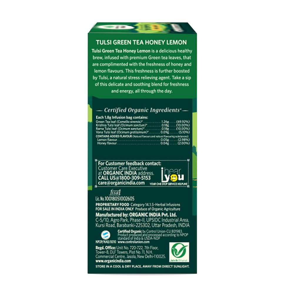 Organic India Tulsi Green Tea Honey Lemon 100 Teabags Pack Of 1 For Refreshing Aroma And Daily Wellness Support