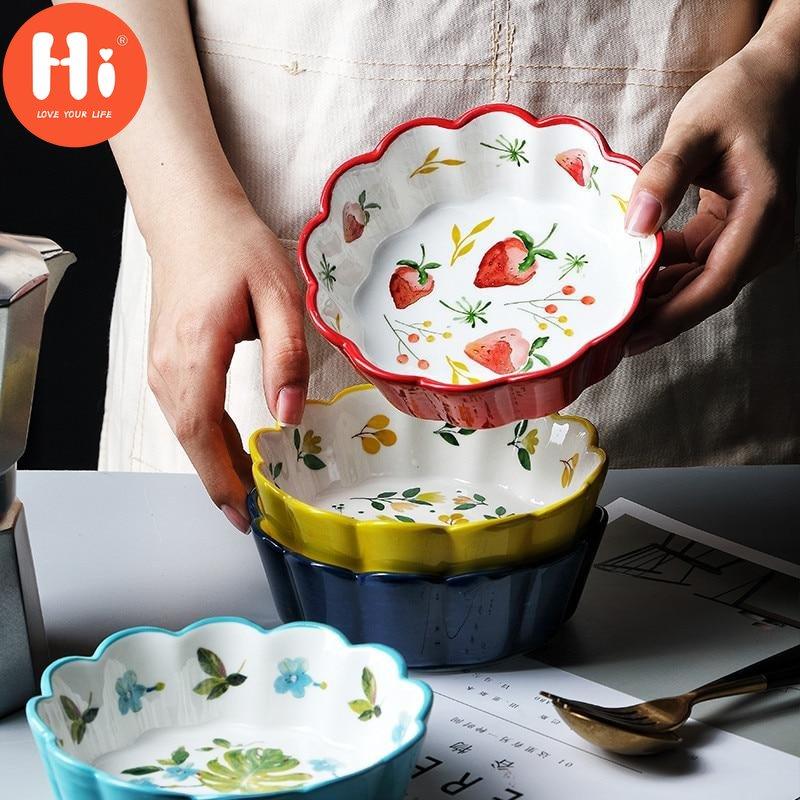 Hi Nordic Simple Hand Painted Ceramic Salad Cake Bowl Colorful Porcelain Soup Fruit Bowl Lace Rice Dessert Snack Bowl Tableware