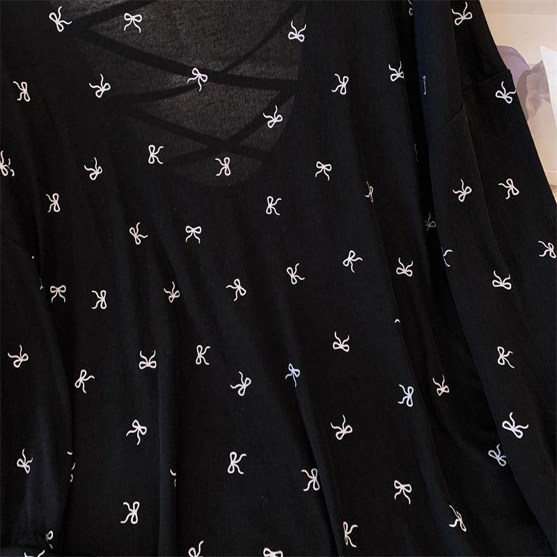 Women's Summer Long Sleeved Thin Cross Hollow Backless Top with Butterfly Print Slightly Transparent Lady T-shirt