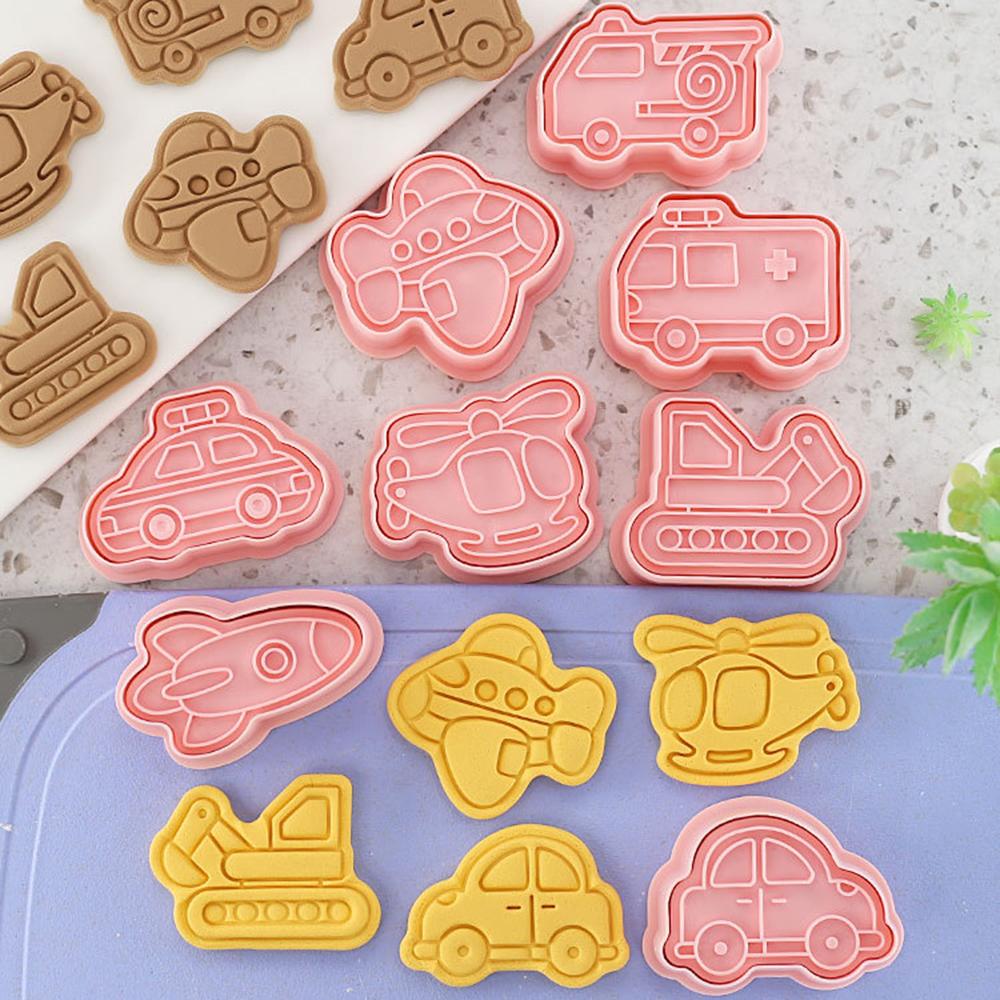 8Pcs Cars Plane Cookie Cutters 3D Vehicle Cookie Molds Plastic Biscuit Embosser Stamp Boy Diy Kitchen Baking Accessories Tools