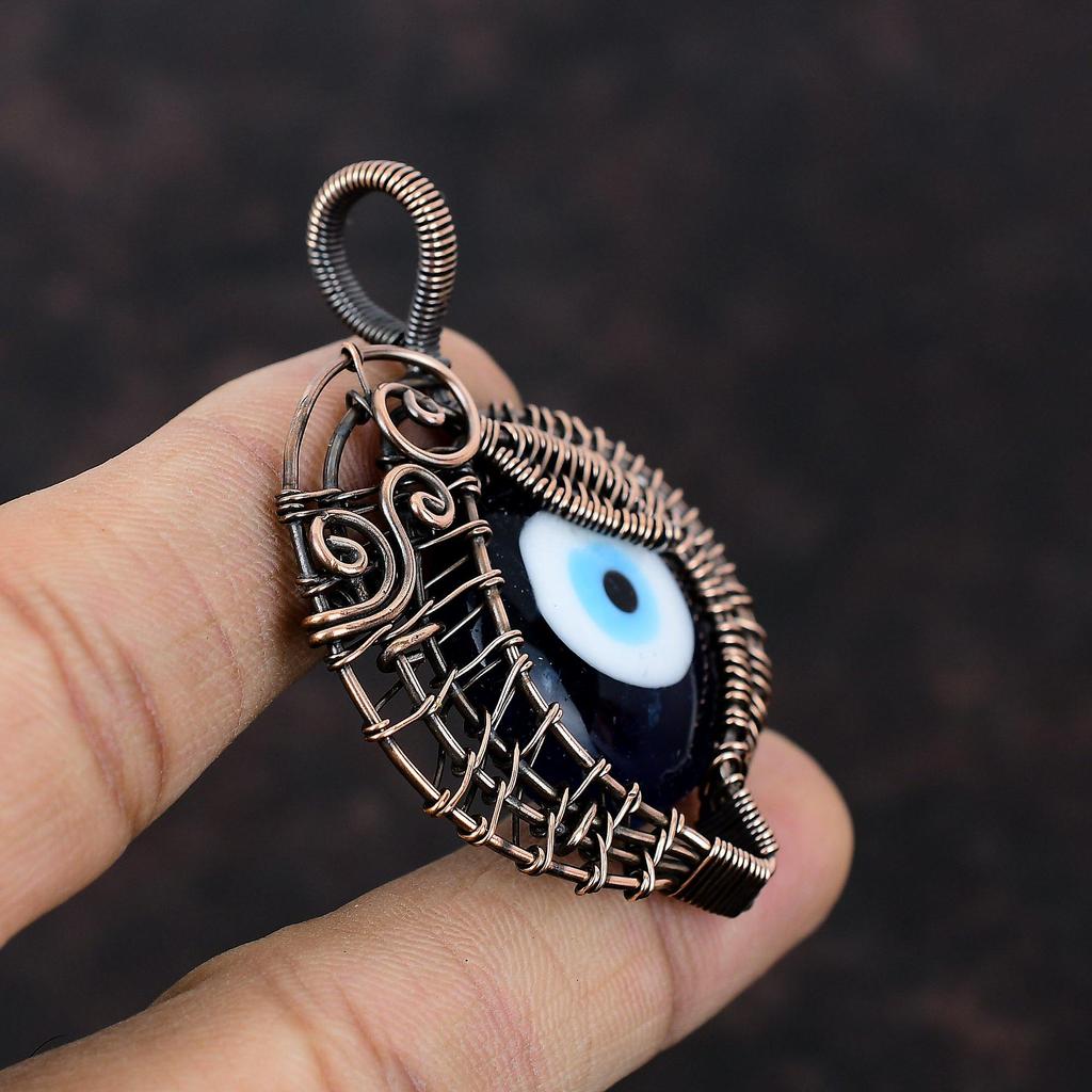 Blue Color Evil Eye Pendant Copper Wire Wrapped Gemstone Pendant Evil Eye Jewelry Handmade Amazing Pendant Copper Wire Wrap Jewelry For Gift