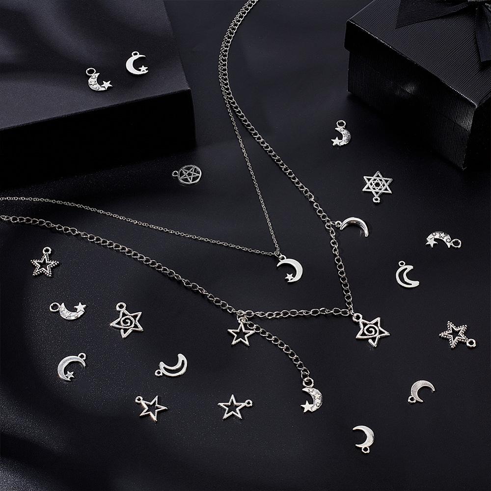 120Pcs 12 Styles Tibetan Style Alloy Pendants Lead Free and Cadmium Free Moon & Star Antique Silver 14.5~20x9.5~16.5x1~3.5mm Hole: 1.5~3mm