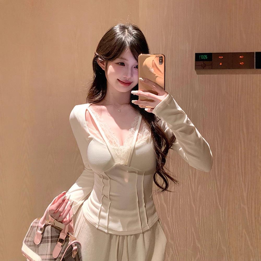 Pure Lust Sexy Lace Splicing T-shirt with Chest Pad Women's Autumn and Winter Chic Age-reducing and Thin Chic Inner Top
