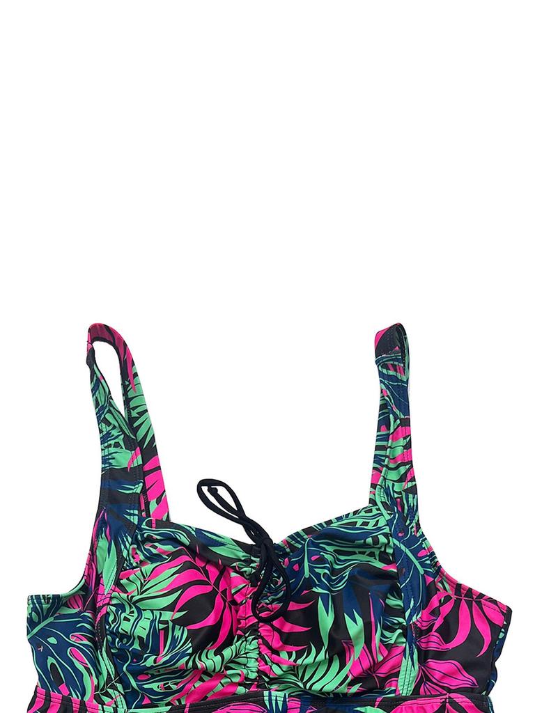 2026 European & American Plus Size Floral Leaf Print Two-Piece Conservative Boyleg Swimsuit for Women