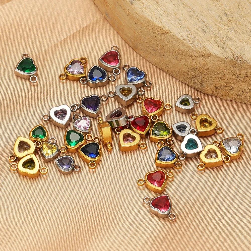 10 stuks Roestvrij Staal 12 Maanden Geboortesteen Hart Zirconia Bedeltjes Connector DIY Sieraden Onderdelen Ketting Armbanden Oorbellen Maken