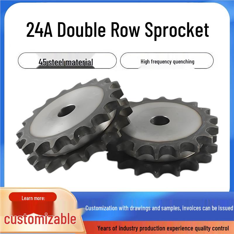 

45 Steel Double Row Sprocket, 24A, 1.5 Flat Plate, Double Row Pitch, 38.1mm. Available in 10, 15, 18, 20, 25, 28, and 30 Teeth. Shipping based on actual weight