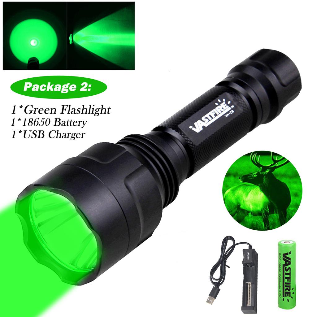 LED Tactical Hunting Flashlight 350LM 600-800 Yards Range C8 Green Red White 1-Mode Torch USB Rechargeable Lantern Lights Set